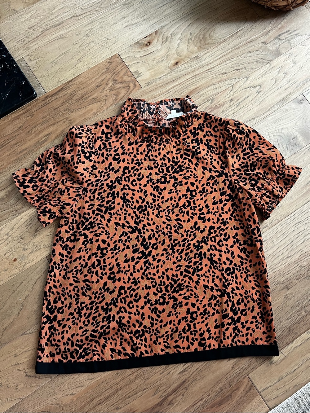 THML Orange and Black Leopard Print Ruffle Neck Blouse - Picture 3 of 4